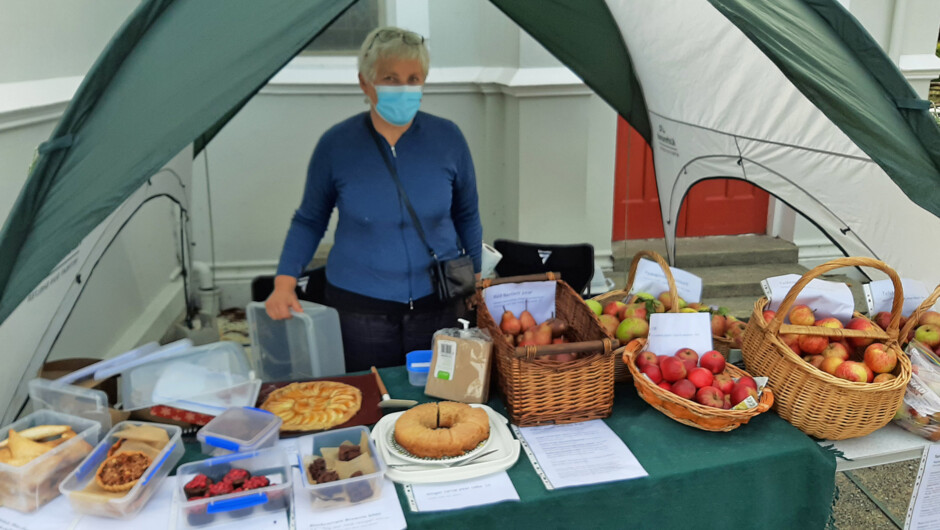 Our Kotare-made baking and home-grown fruit on sale at the Geraldine Farmers' Market stall, last summer.