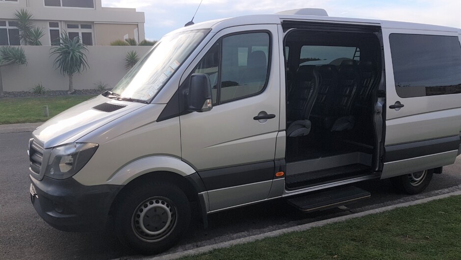 Mercedes Sprinter -one of the safest passenger service vehicles on  New Zealand roads. Luxuriously appointed with leather seating and huge luggage capacity.