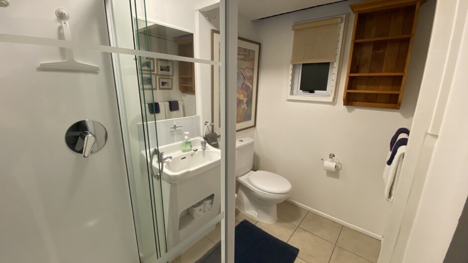 Bathroom with shower, towels supplied