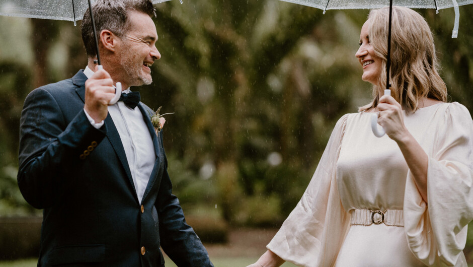Wedding Photography in the rain after getting married in Matakana