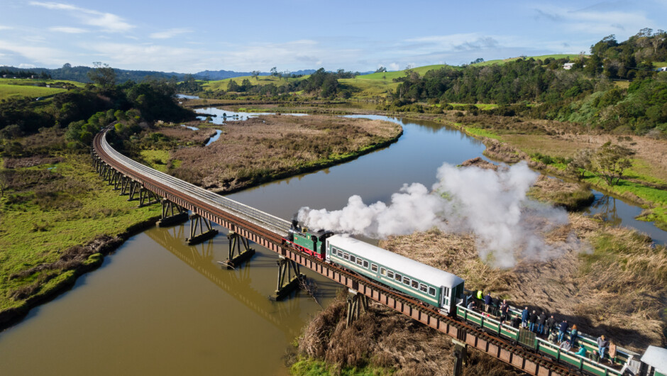 Over Long Bridge; the longest curved wooden viaduct in the Southern hemisphere, with breathtaking views of the river, wetland and rare native birds