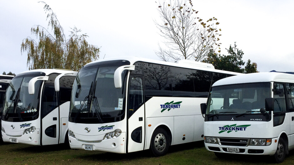 Tracknet’s modern coach fleet - daily bus services connect Te Anau, Queenstown, Milford Sound &amp; Fiordland’s Great Walks.