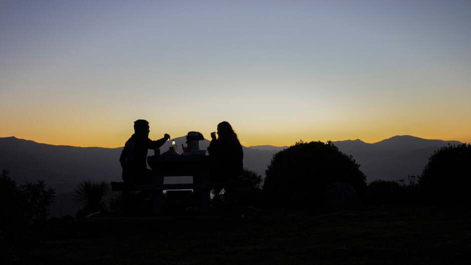 Moments before the stars emerge. The Astronomy Bites experience captures the magic of an Akaroa sunset, followed by a truly dark sky experience.