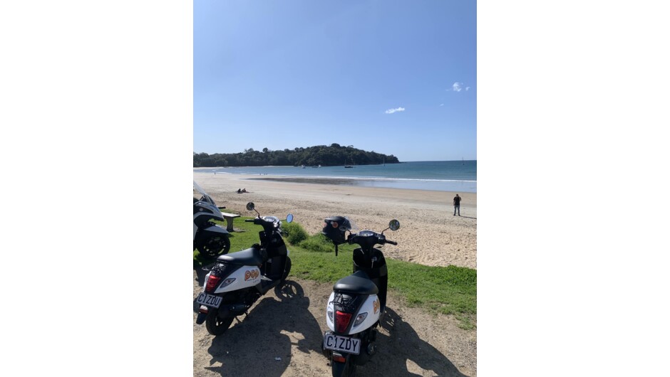 A beautiful Waiheke beach ridden to on a Pop Scooter.