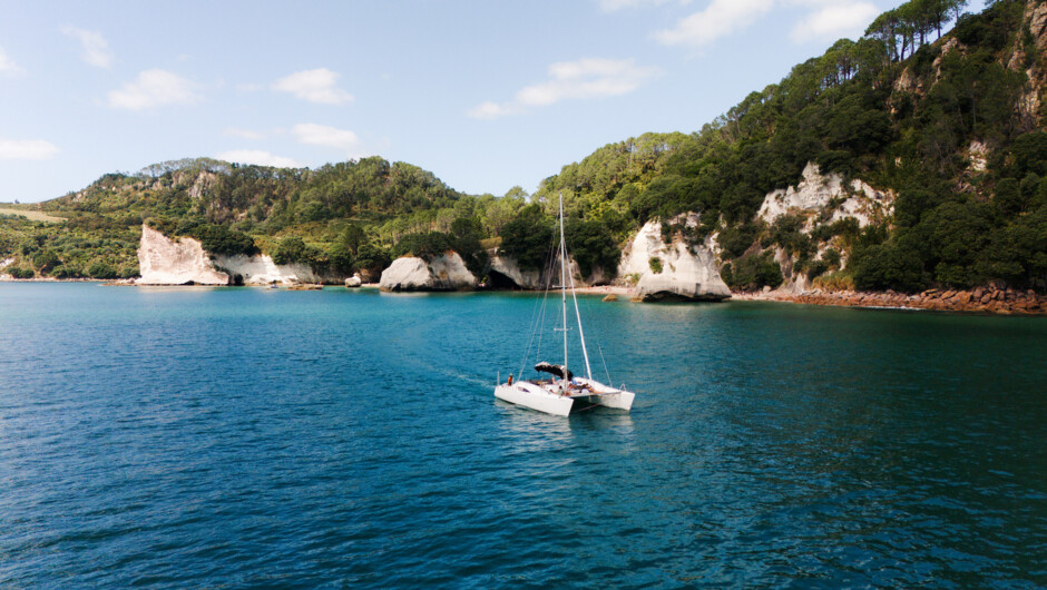 Tu Meke cruising past Cathedral Cove in the Coromandel