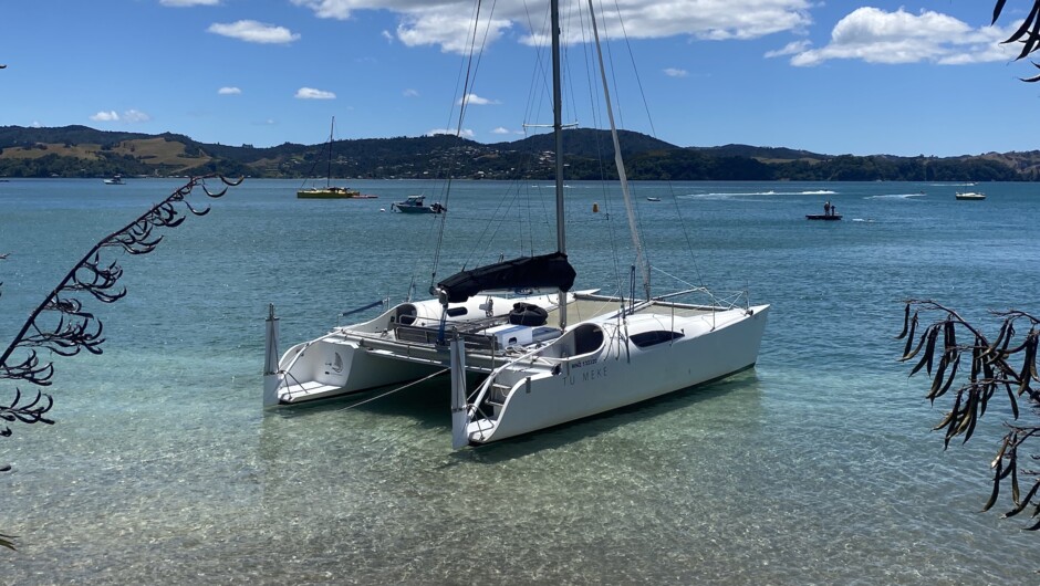 Tu Meke at anchor in the clear waters off Hahei Beach