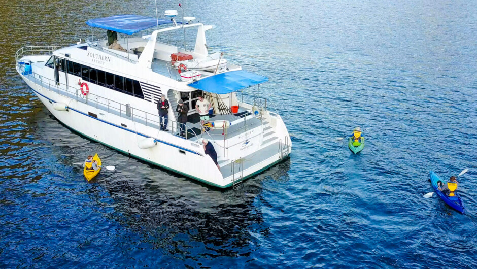 Kayak Fiordland’s quiet coves then return to the comfort of Southern Secret’s small-group overnight cruise.
