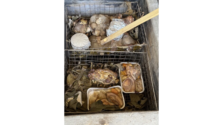 Kiwi lamb, pork, stuffed chicken, stuffing, kumara (Maori sweet potato), potato, cabbage and steam pudding.