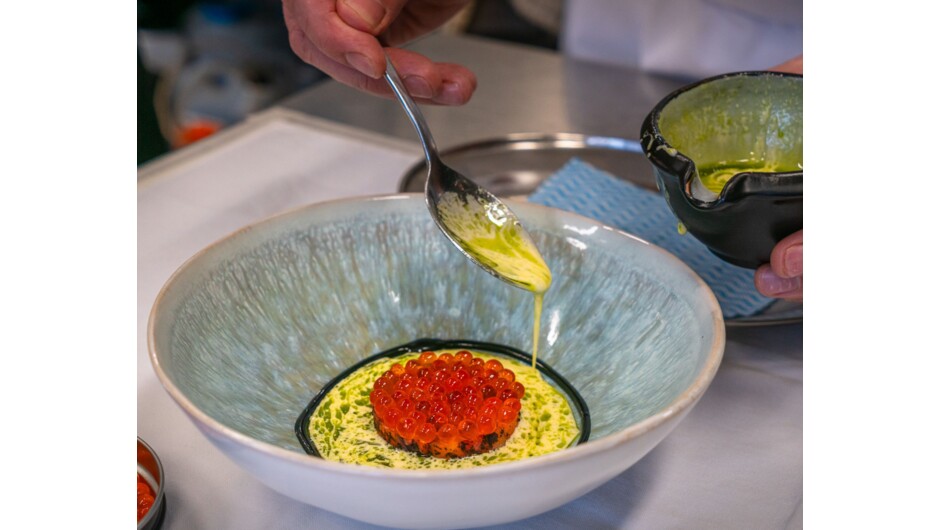 Mt Cook Salmon with salmon caviar, beurre butter and nori.