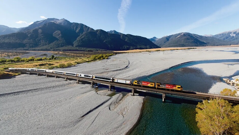 Tranzalpine train crossing the Waimakariri River