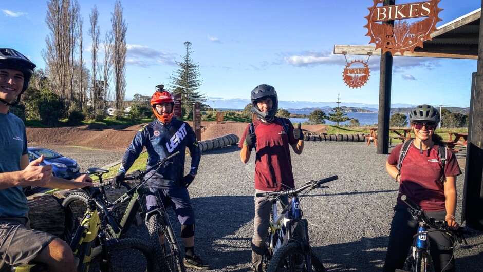 Blue skies and big smiles, ready for lunch at Pikiniki post-ebike tour
