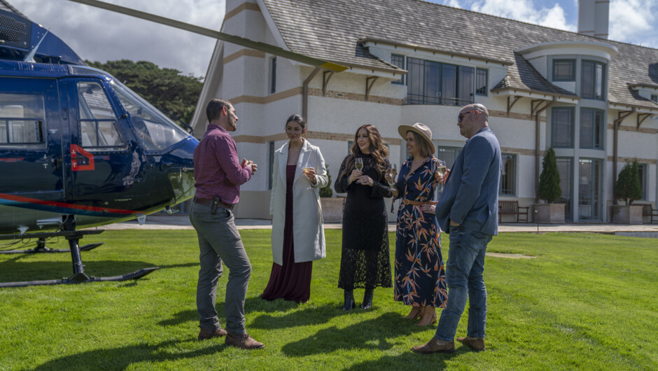 Arrive in style to the stunning Wharekauhau Country Estate. Touchdown on the lawn where you are greeted with a glass of wine. Enjoy a relaxing four course lunch at the lodge.