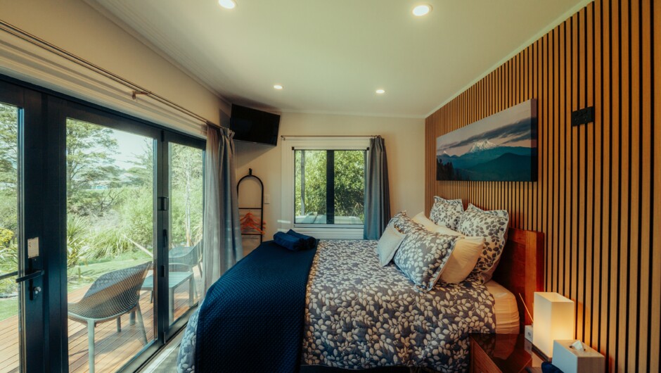 The Rua Awa suite, fully refurbished and restyled in October 2025.  Views of the rivers and slopes of Mt Ruapehu. Luxury and privacy.