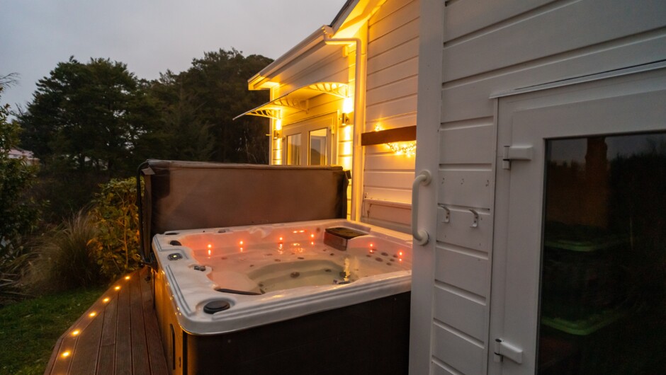 The Mangawhero Suite Private Hot Tub in the early evening.  A wonderful experience in any season.  The Rua Awa suite also has a private hot tub.