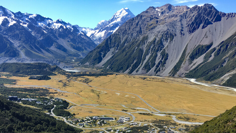 The alpine village and view of Aoraki Mount Cook