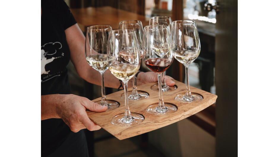 The Forrest Wines tasting tray, featuring a selection of six wines.