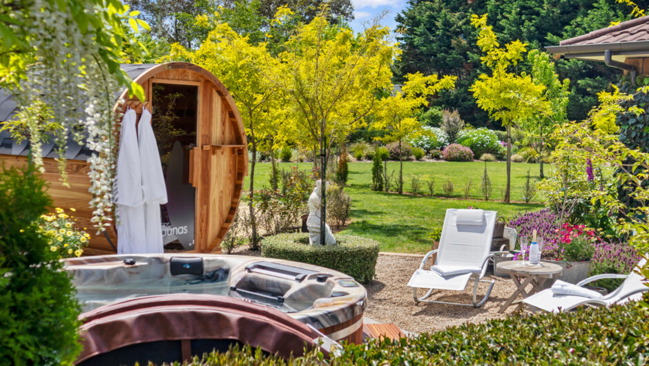 Wellness area, complete with a cedar barrel sauna and outdoor hot tub