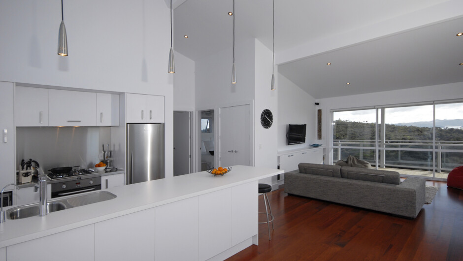 Fully equipped modern kitchen with a stunning view over the Bay of Islands
