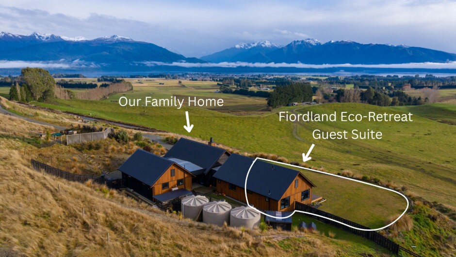 The Guest Suite is connected to our family home yet remains completely private. The Eco-Villas are situated separately, further up the hill.