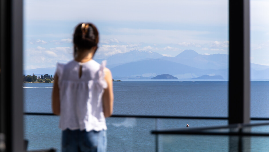 Lake Taupō and mountain views from each unit