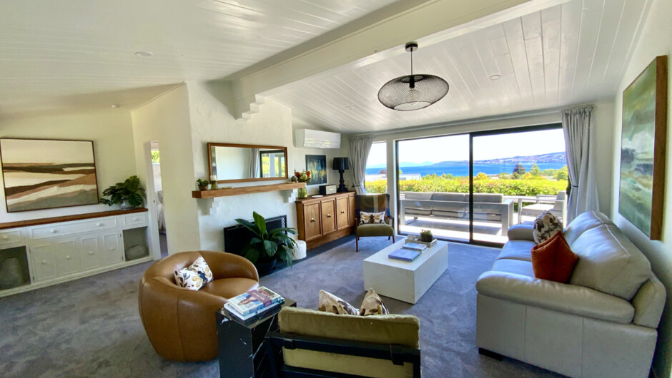 Living Room with lake and mountain views