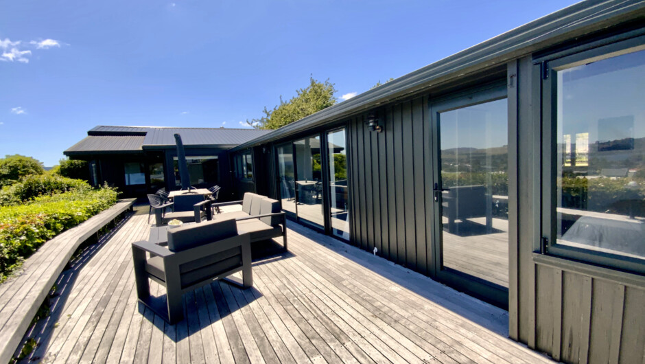 Deck, BBQ and Entertainment area with lake &amp; mountain views