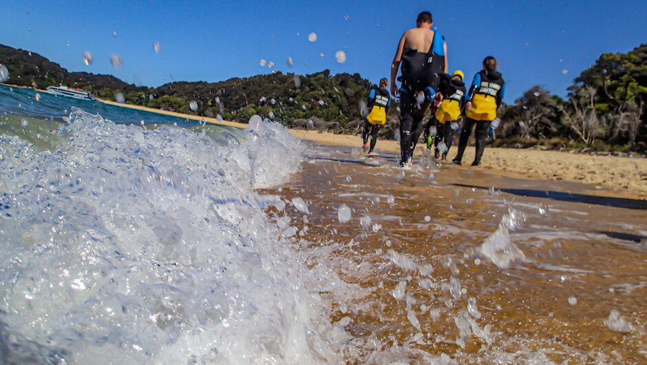 Finishing canyoning trip by walking on the golden sand of Anchorage beach