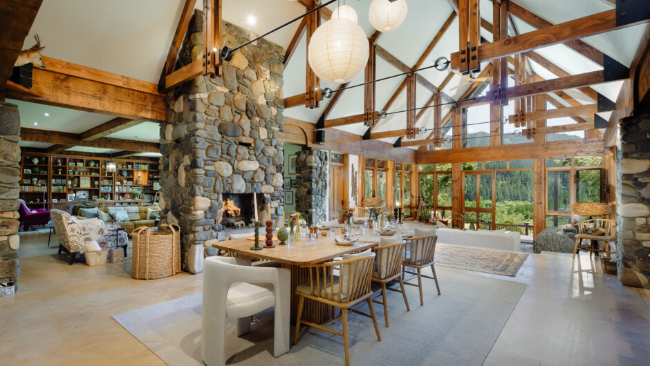 The Great Hall at Stonefly Lodge overlooking the Motueka River and National Park Wilderness