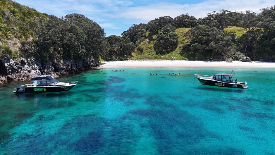 Our dive vessells - Mystery Machine and Scuba Doo at one of the many sheltered spots of Great Mercury Island