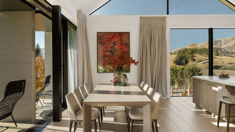 Kitchen and dining space with mountain views