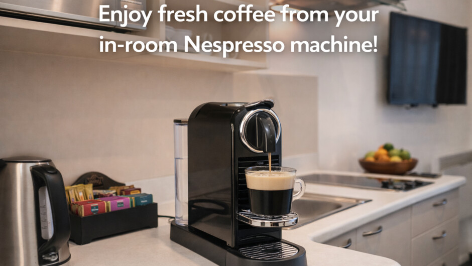 Enjoy barista-quality coffee in your room with our premium Nespresso machine - freshly brewed, convenient, and the perfect touch of everyday luxury.