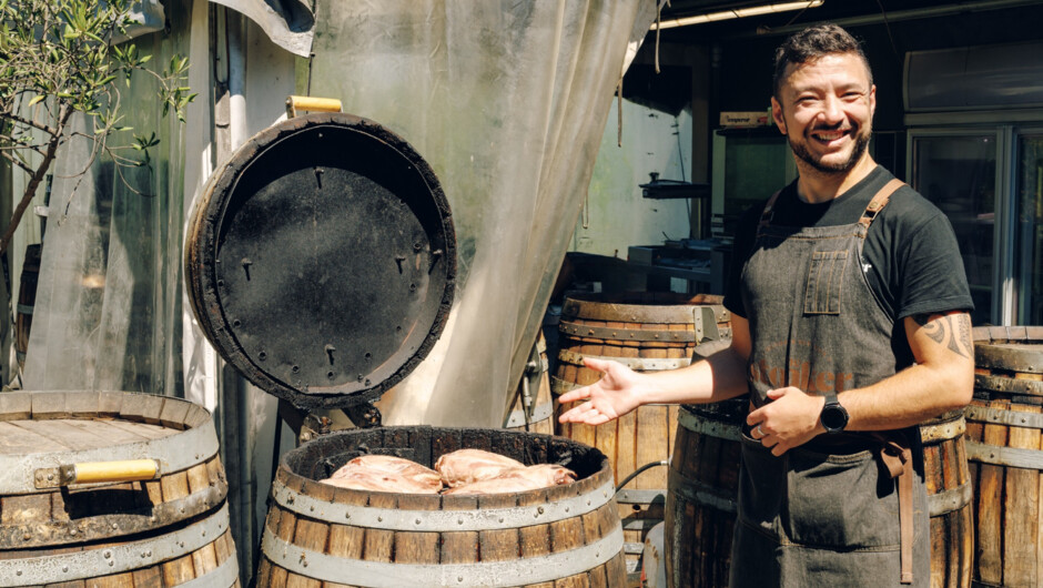 Enjoy a delicious meal cooked out of retired Pinot Noir Barrels