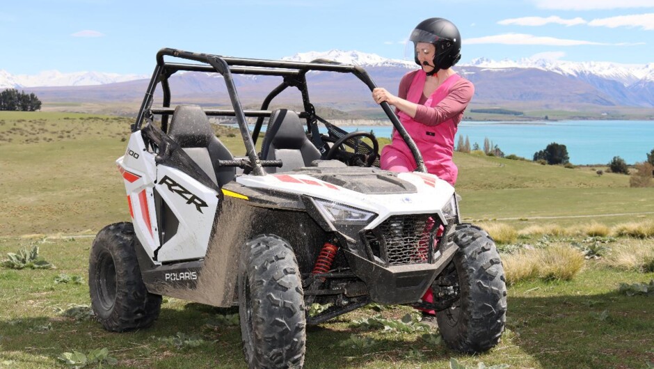 Polaris RZR ATV with Lake Tekapo in the background