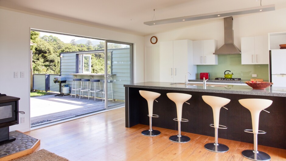 Kitchen with view to front and back decks