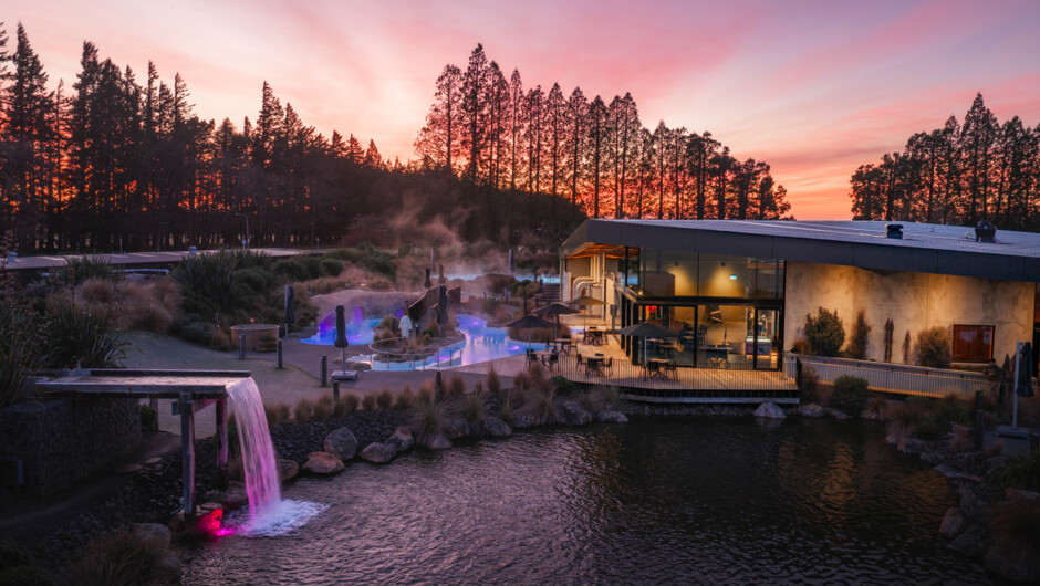 A pink sky sunset at the Discovery Pools.