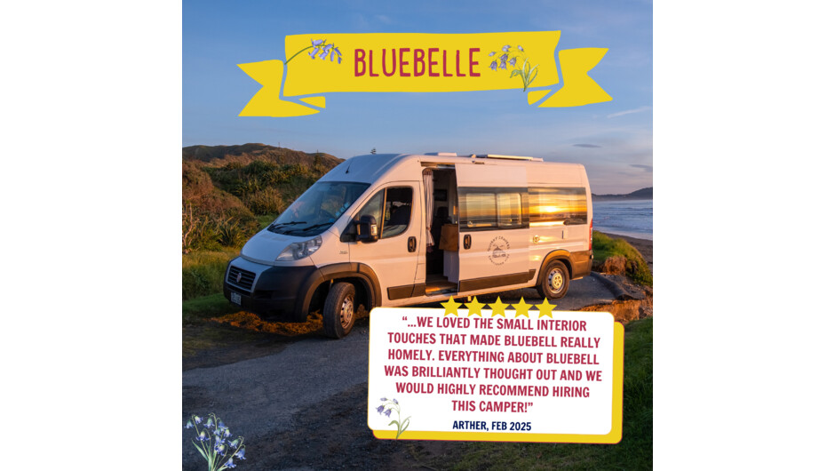 Named after the spring flower symbolising gratitude and everlasting love, 2-berth Bluebelle is a delightful ticket to adventure for a couple seeking a romantic getaway or a travelling duo exploring New Zealand.