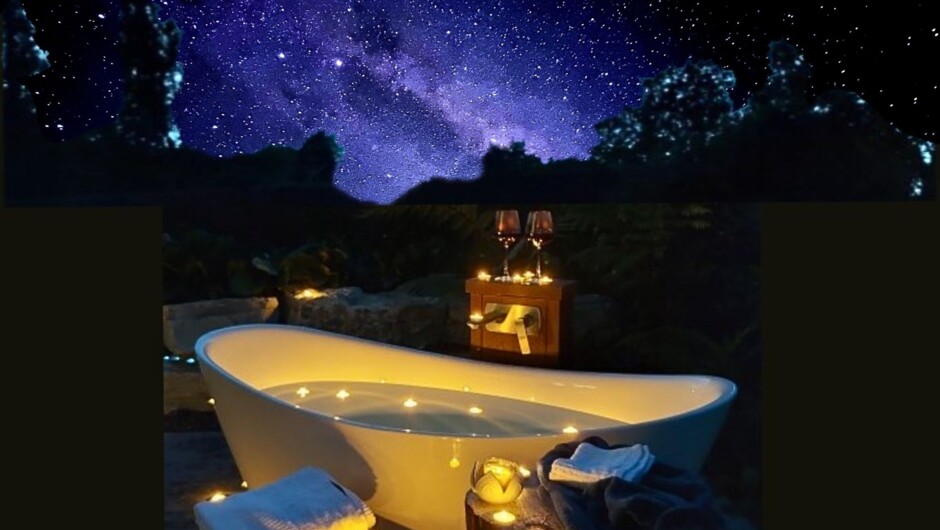 Outdoor bath at dusk - where the day slows down and the stars and the Milky way begin.