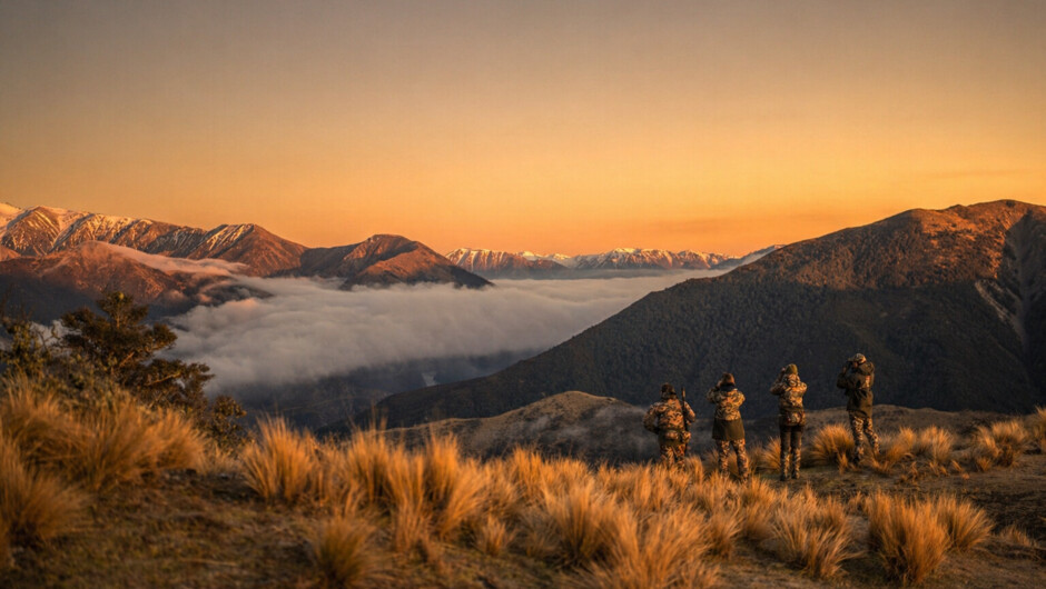 Hunters glassing across valleys, snow-capped peaks and cloud-filled basins.
A private guided trophy hunting experience with Backcountry New Zealand Outfitters.