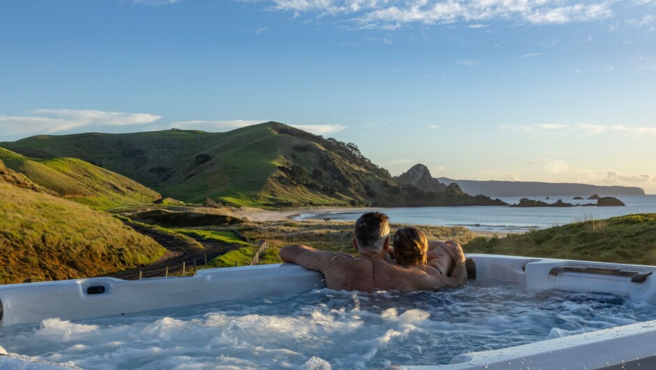 Beachfront hydrotherapy spa with untouched, remote East Coast views across Opito Bay and the Coromandel coastline.