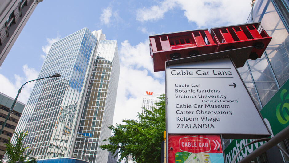 Cable Car sign on Lambton Quay outside Cable Car Lane