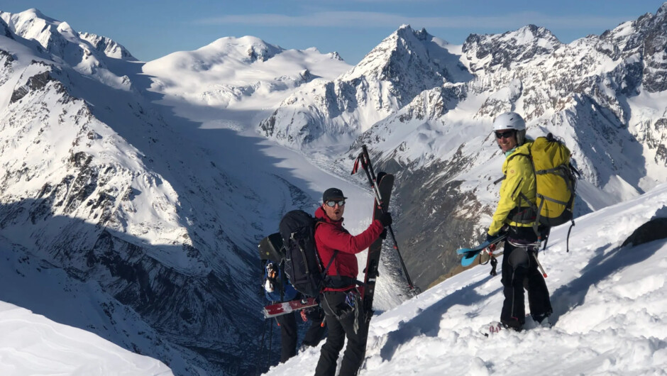 Excitement looking down onto the Tasman glacier during a ski mountaineering trip to Aoraki / Mt Cook's Grand Plateau