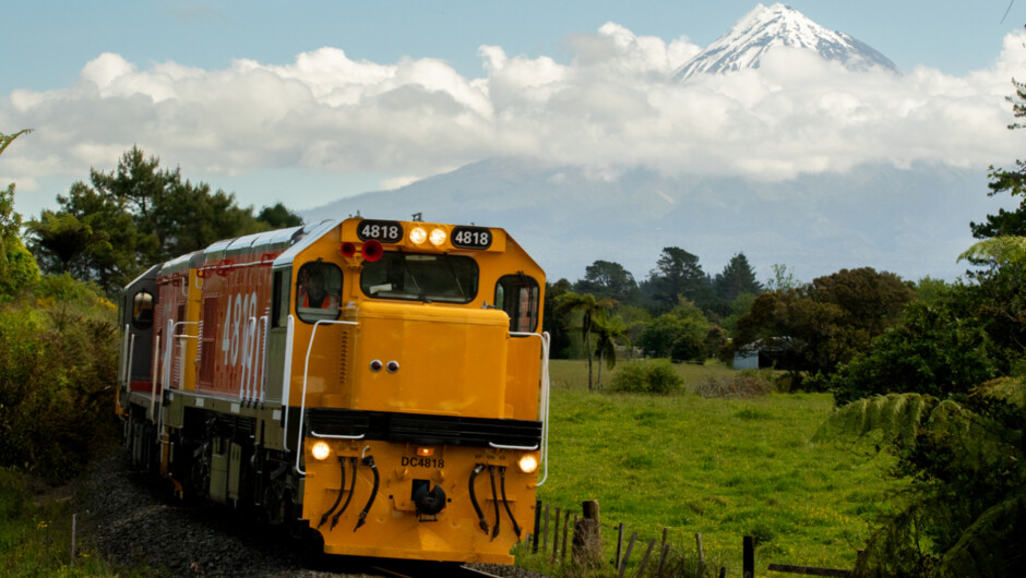 Glenbrook Vintage Railway (GVR) Tour Train passes Mount Taranaki