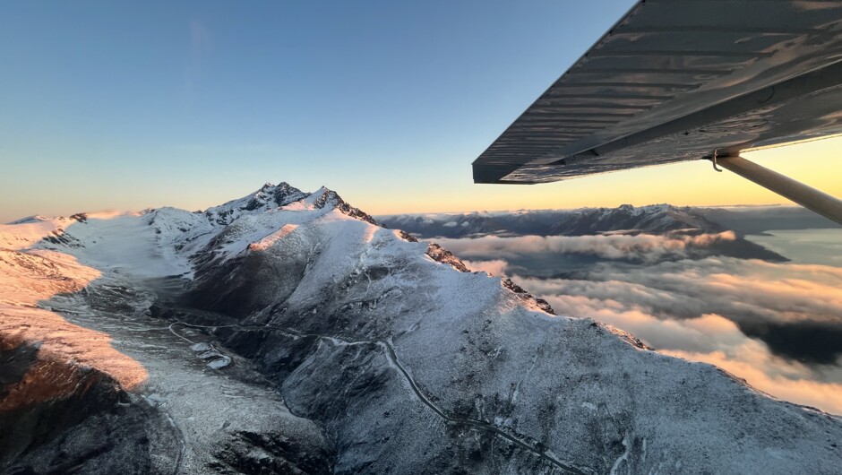 The Remarkables ski terrain seen from above on Air Milford’s Sunset Scenic Flight