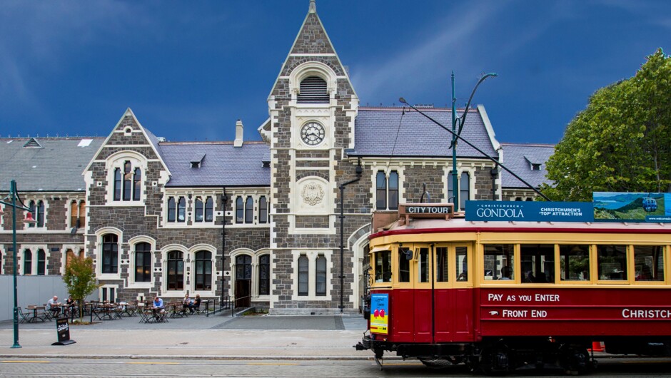 The historic Arts Centre and tram in Christchurch