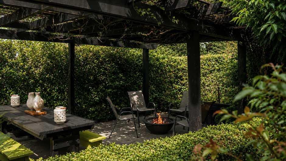 A quiet corner of Treghan's gardens, where guests can relax beside the firepit and enjoy the privacy and tranquillity of the Bay of Islands.