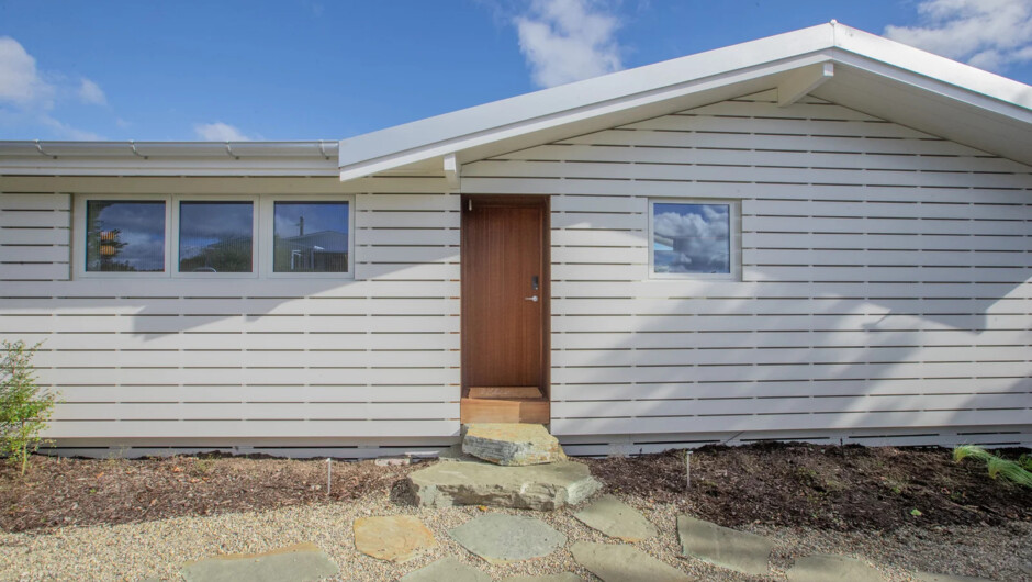 The front entrance of Mahuta Point - a lovingly restored Kiwi bach in Waitahanui, Lake Taupō