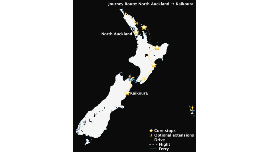 Waitā journey route map through coastal Aotearoa, from Auckland to Kaikōura.