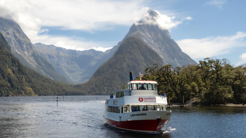 Lady Bowen in front of Mitre Peak