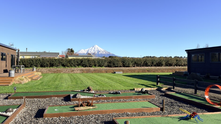 Mt Taranaki looking over Peachy and Peaceful and the new Mini Putt course.