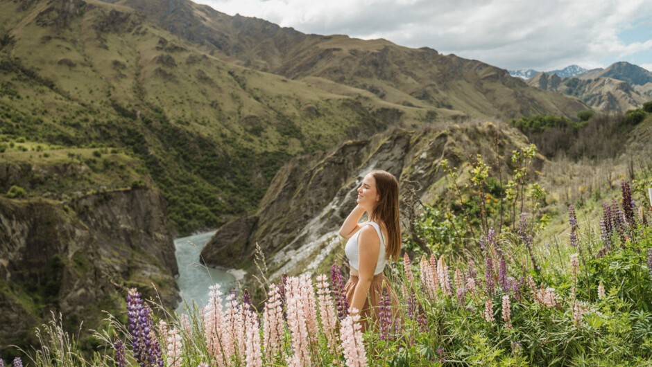 Enjoying the views amongst lupins in the Skippers Canyon